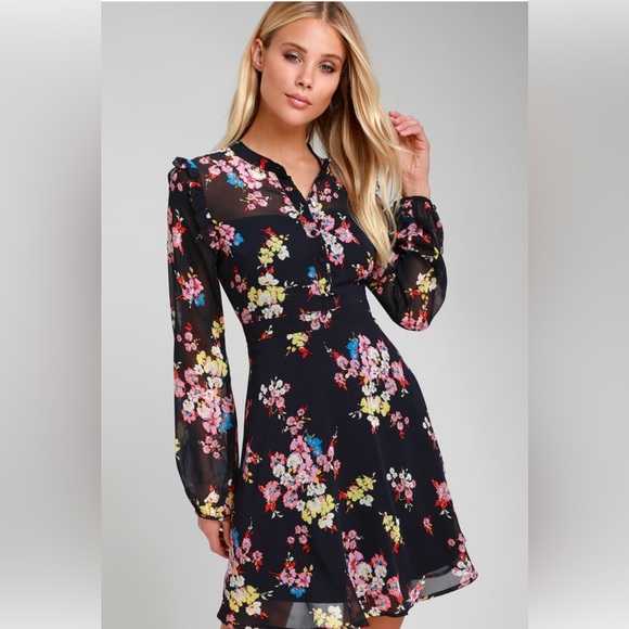 Lulus Floral Navy Blue Dress - Picture 1 of 7